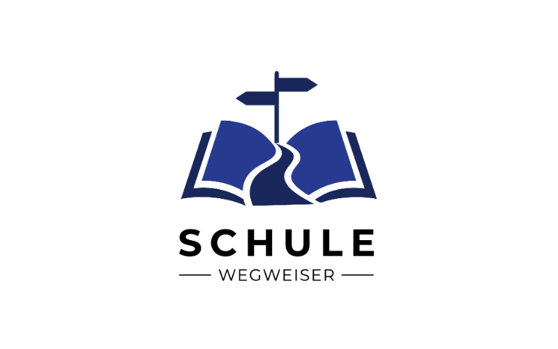 Logo Schule Wegweiser — aufgeschlagenes Buch mit Weg und Wegweiser